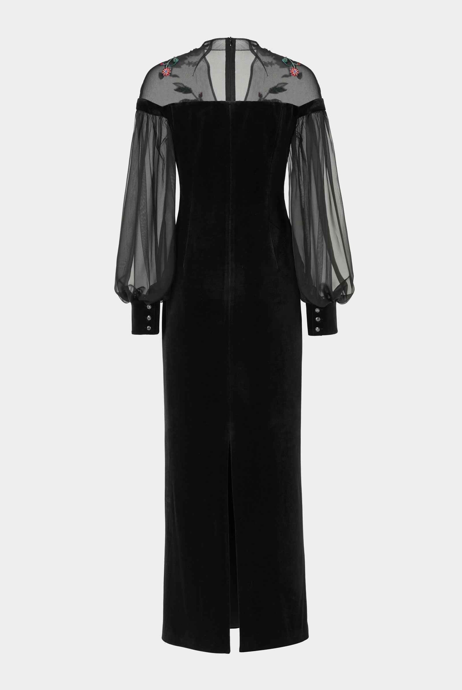Phoenix Embroidered Sheath Gown with Lantern Sleeves