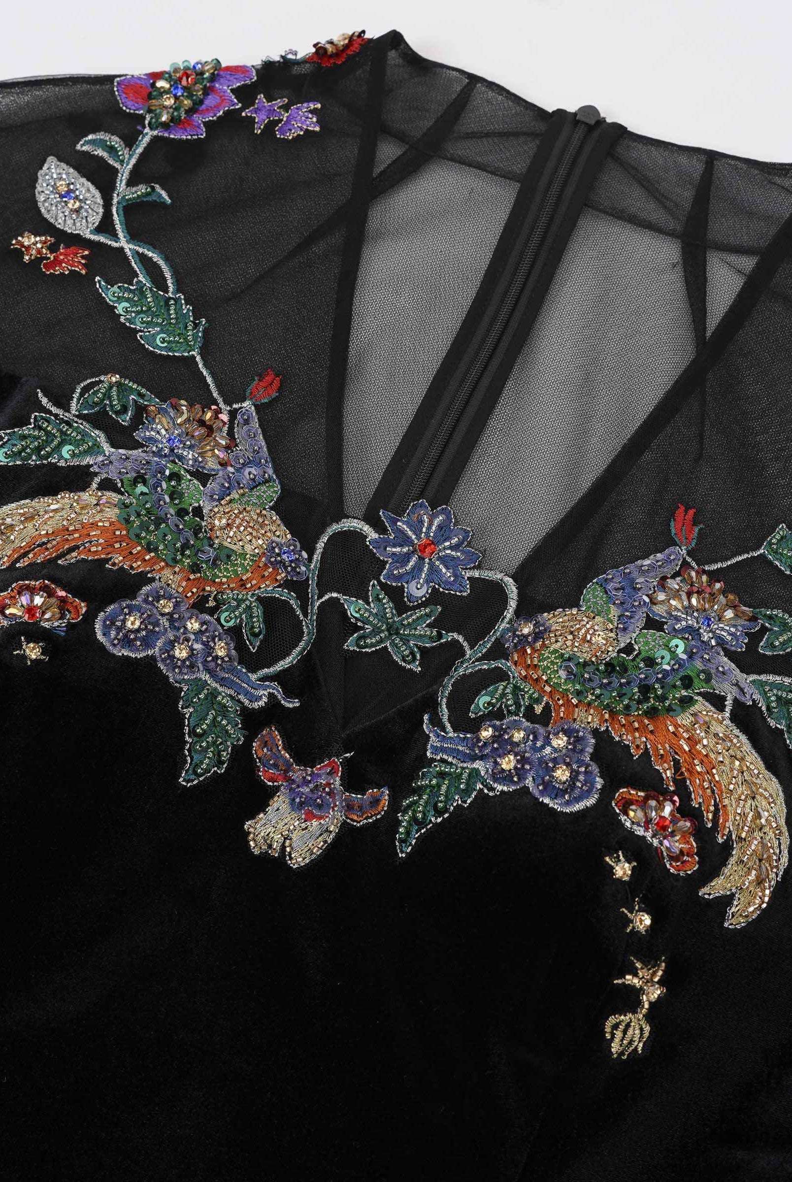 Phoenix Embroidered Sheath Gown with Lantern Sleeves