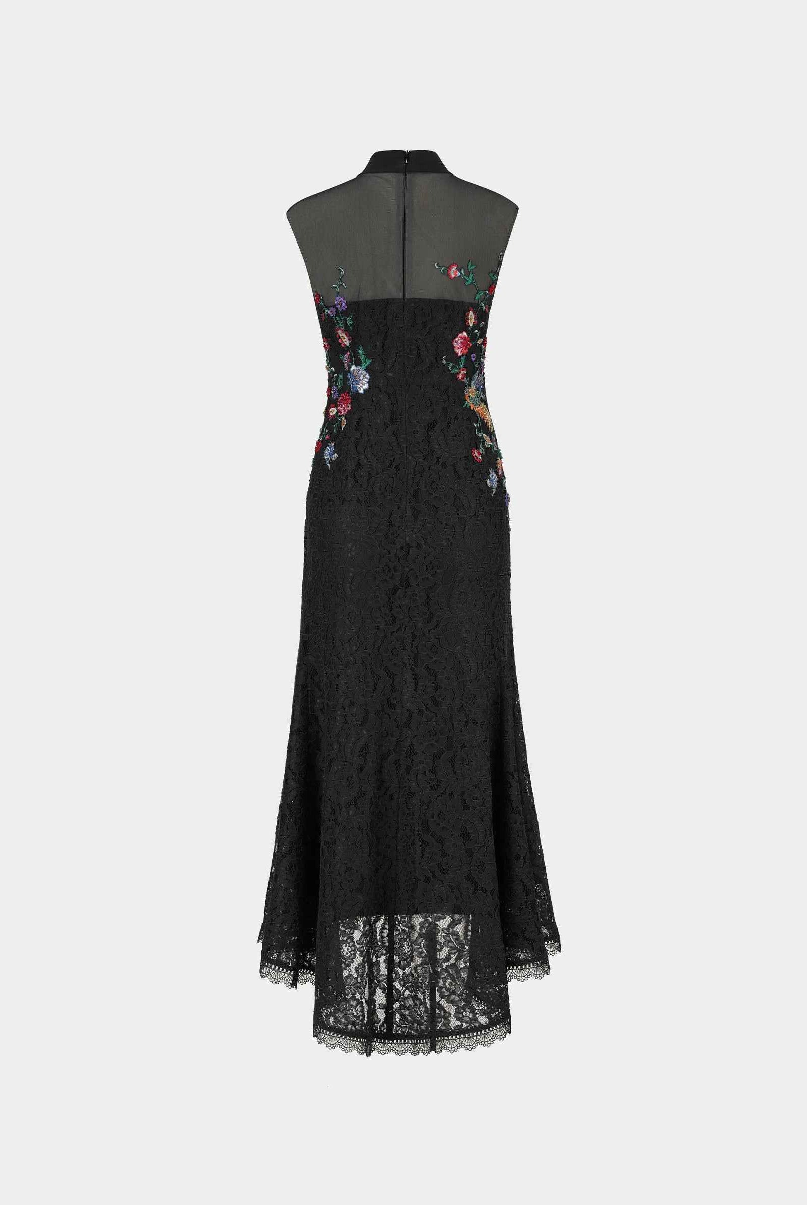 Peony Embroidered Midi Gown with Lace Accents