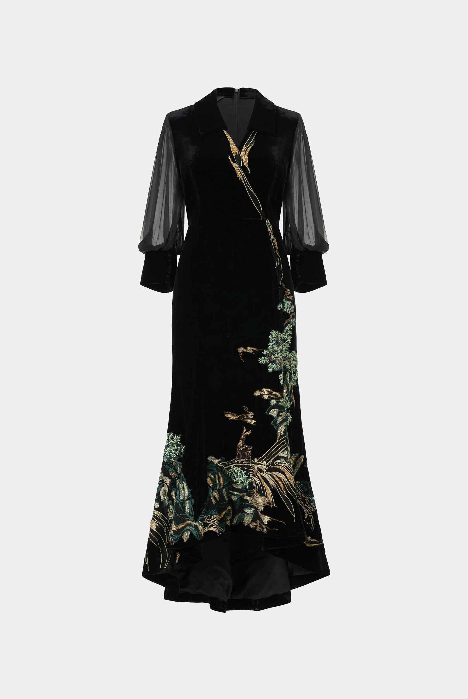 Black Riverscape Embroidered Gown