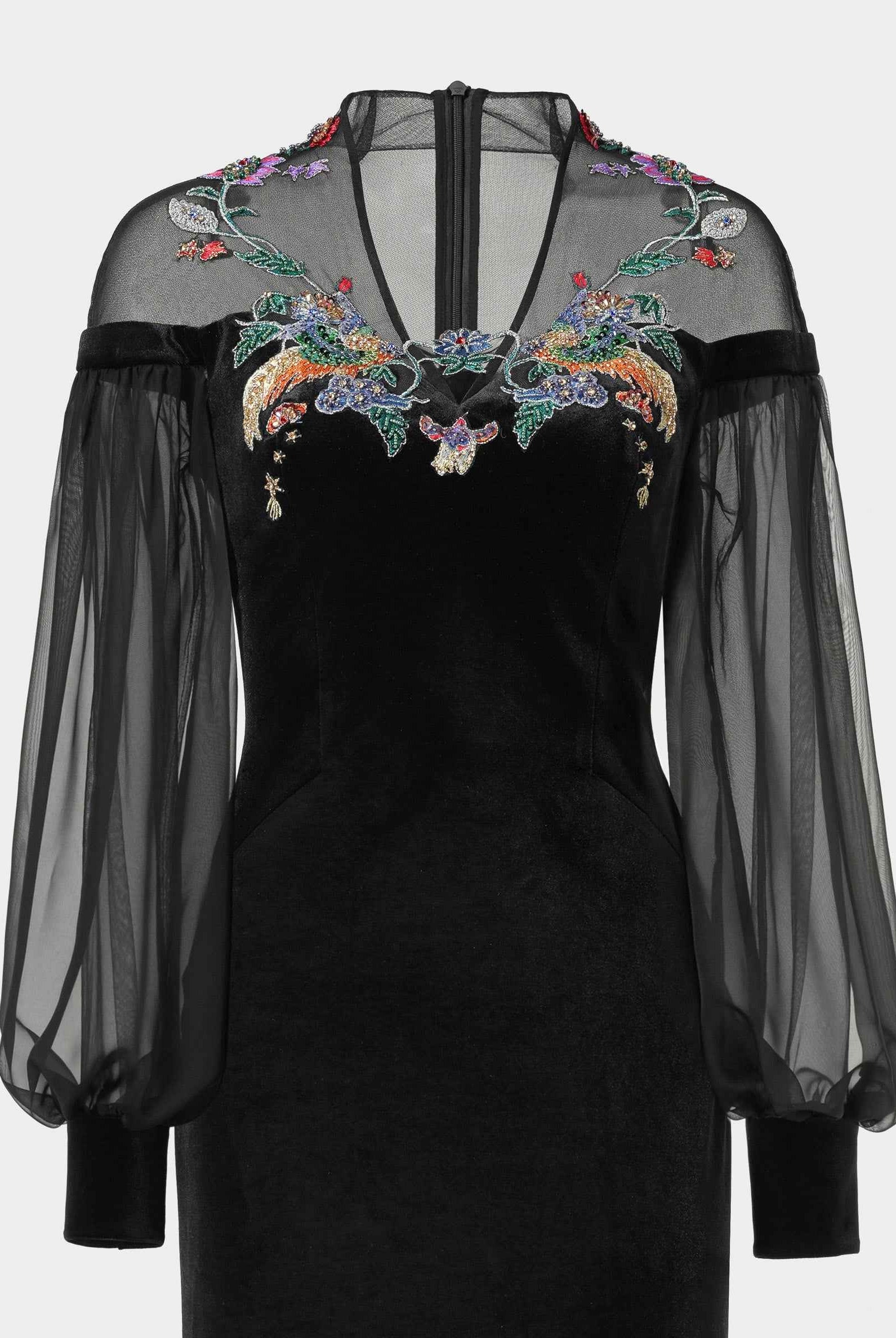 Phoenix Embroidered Sheath Gown with Lantern Sleeves