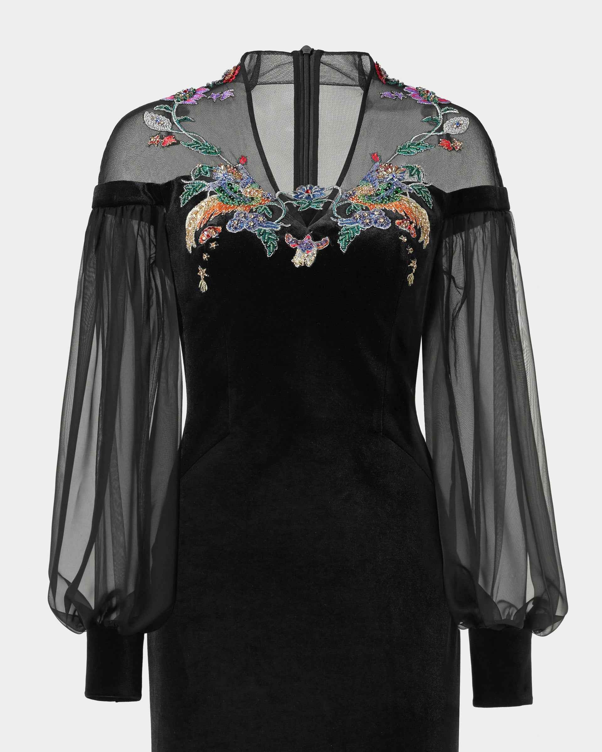 Phoenix Embroidered Sheath Gown with Lantern Sleeves