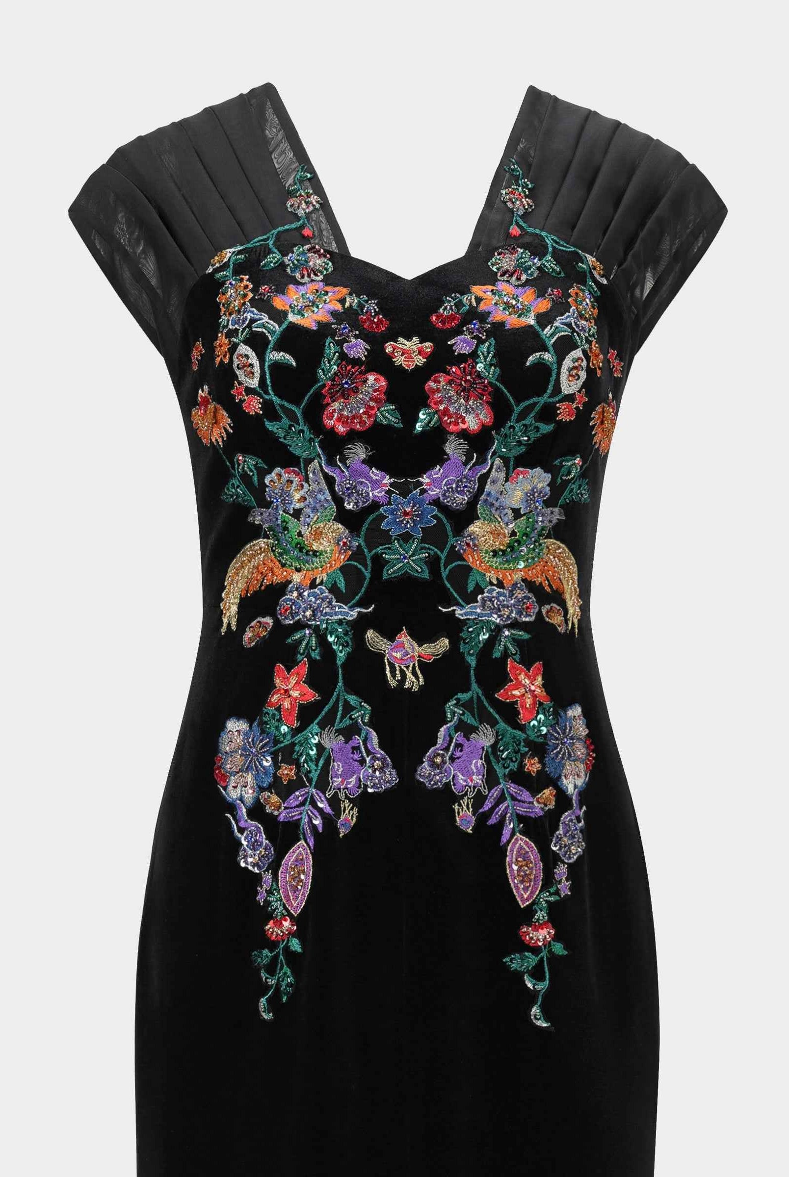 Phoenix Embroidered Gown with Pleated Shoulders