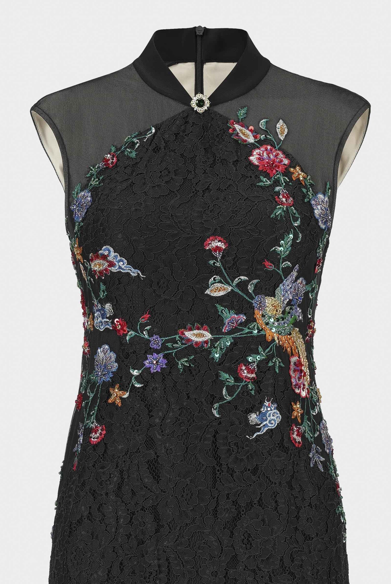 Peony Embroidered Midi Gown with Lace Accents