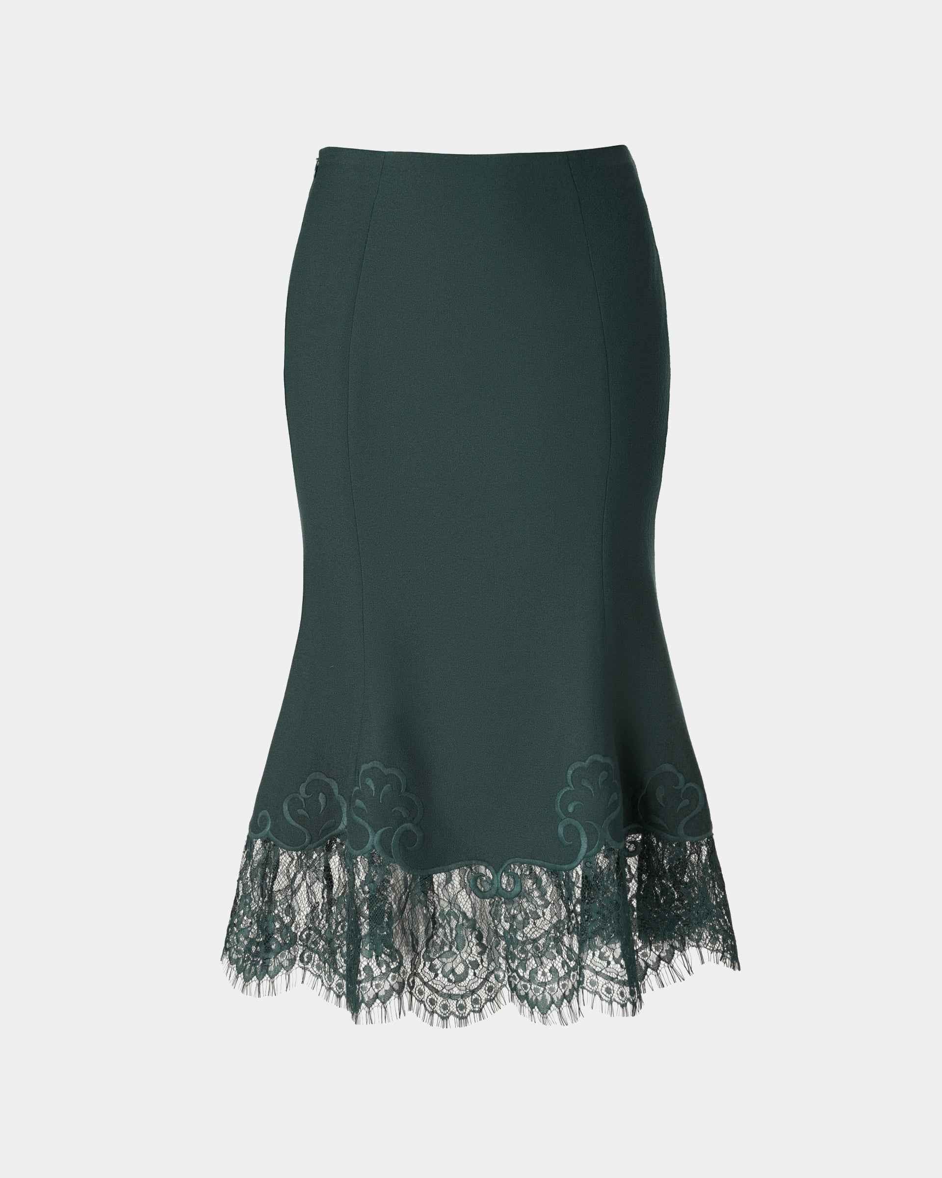 Lace-Trimmed Flared Wool Skirt