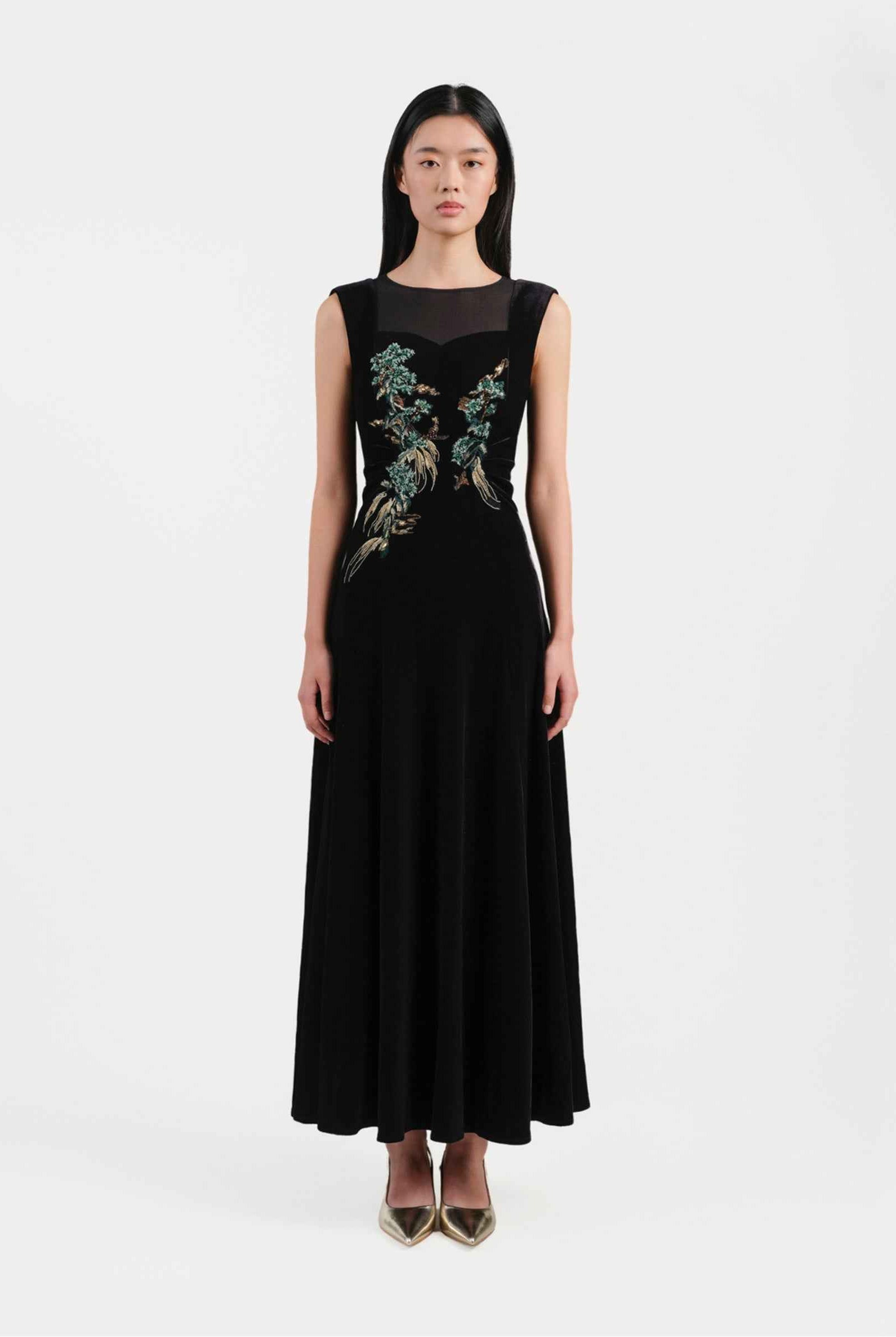 Riverscape Embroidered Cinched-Waist Dress