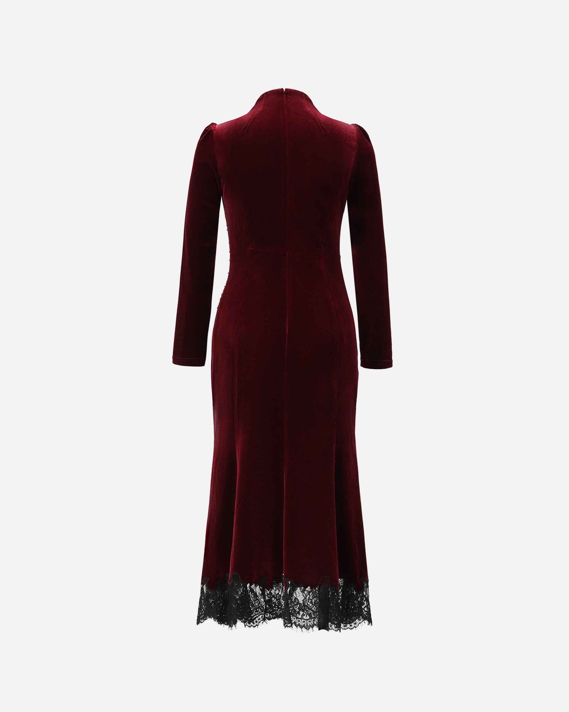 Velvet Lace-Trim Midi Dress