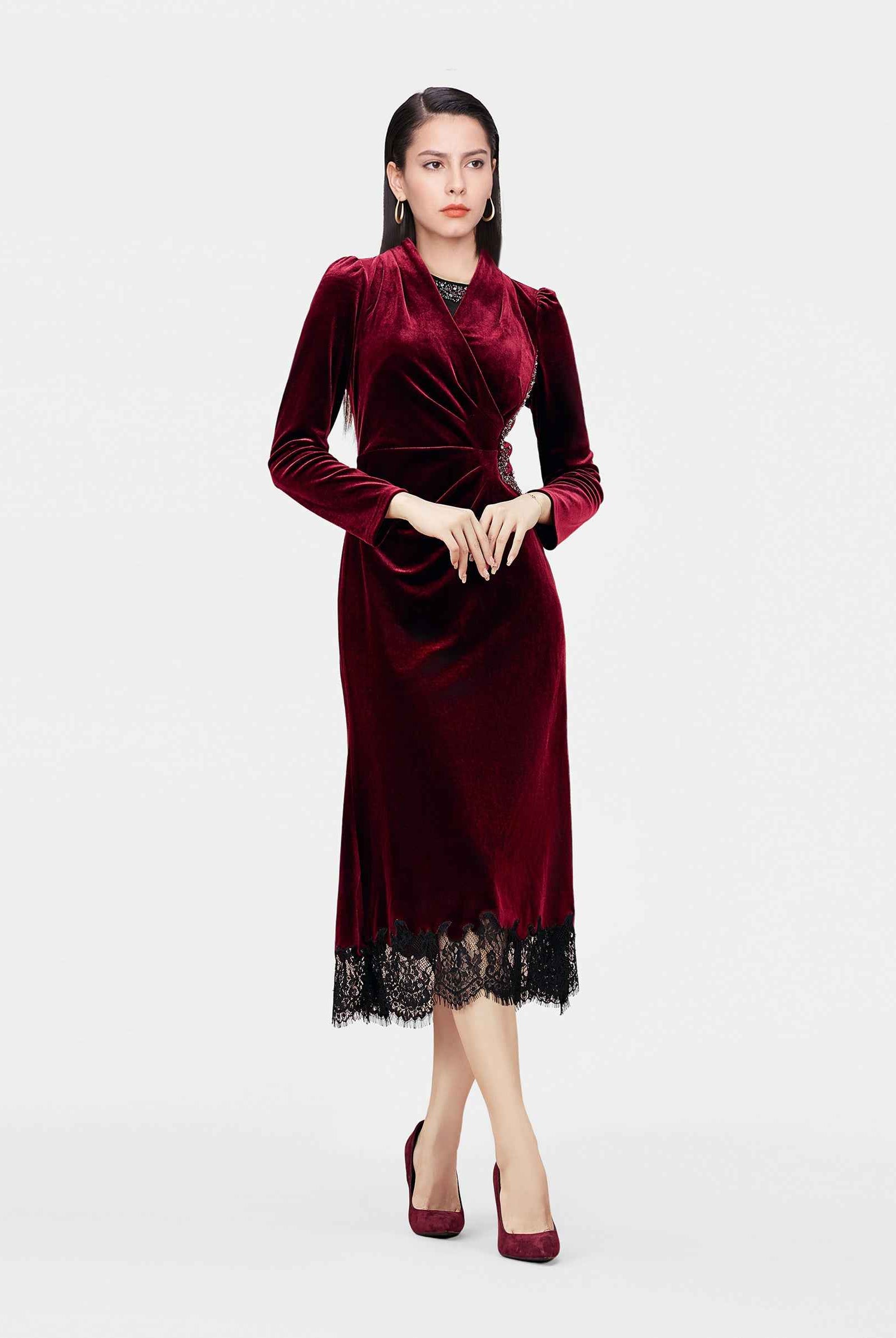Velvet Lace-Trim Midi Dress