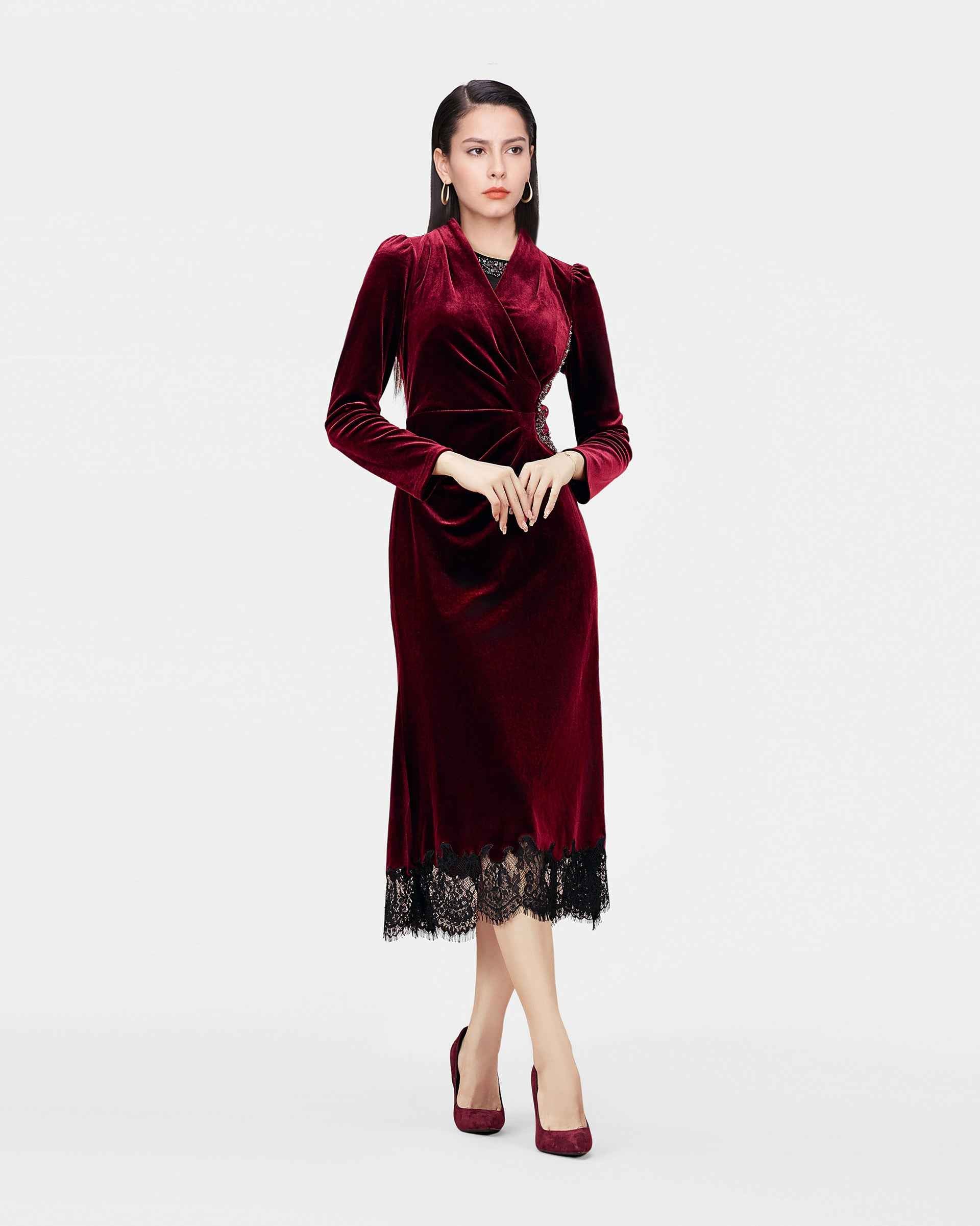 Velvet Lace-Trim Midi Dress