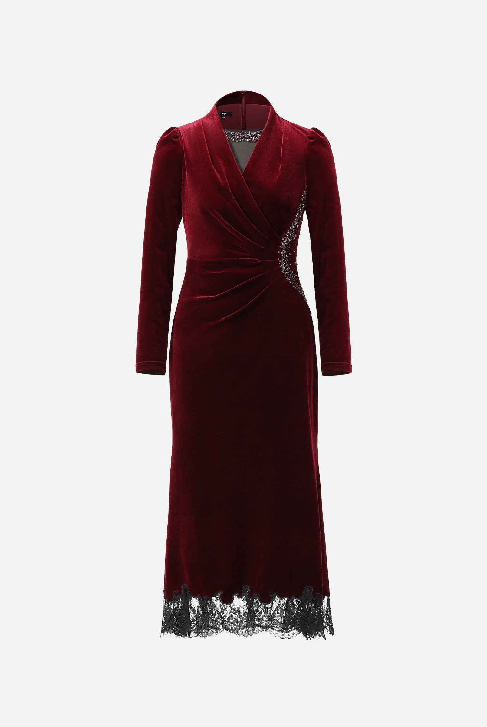 Velvet Lace-Trim Midi Dress