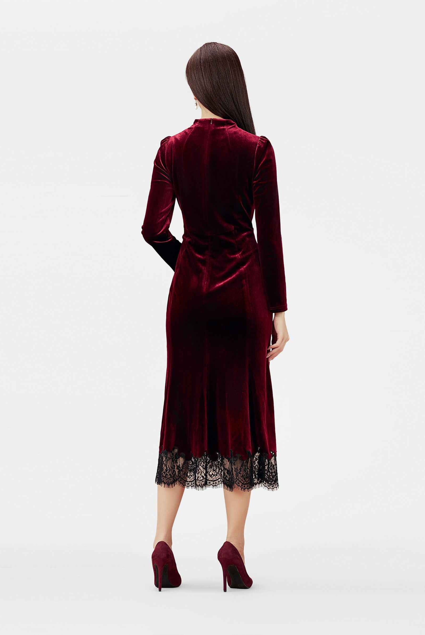 Velvet Lace-Trim Midi Dress