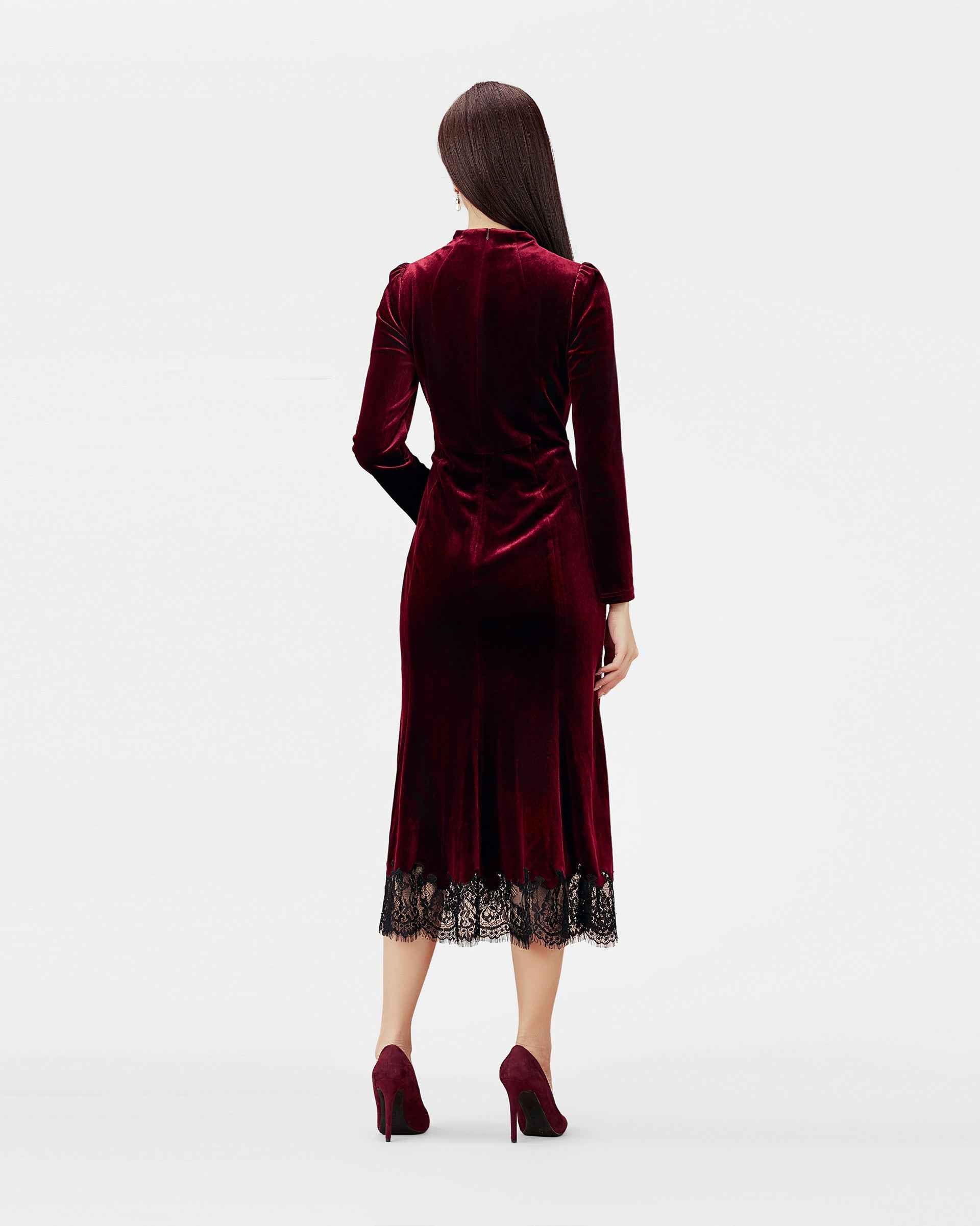 Velvet Lace-Trim Midi Dress