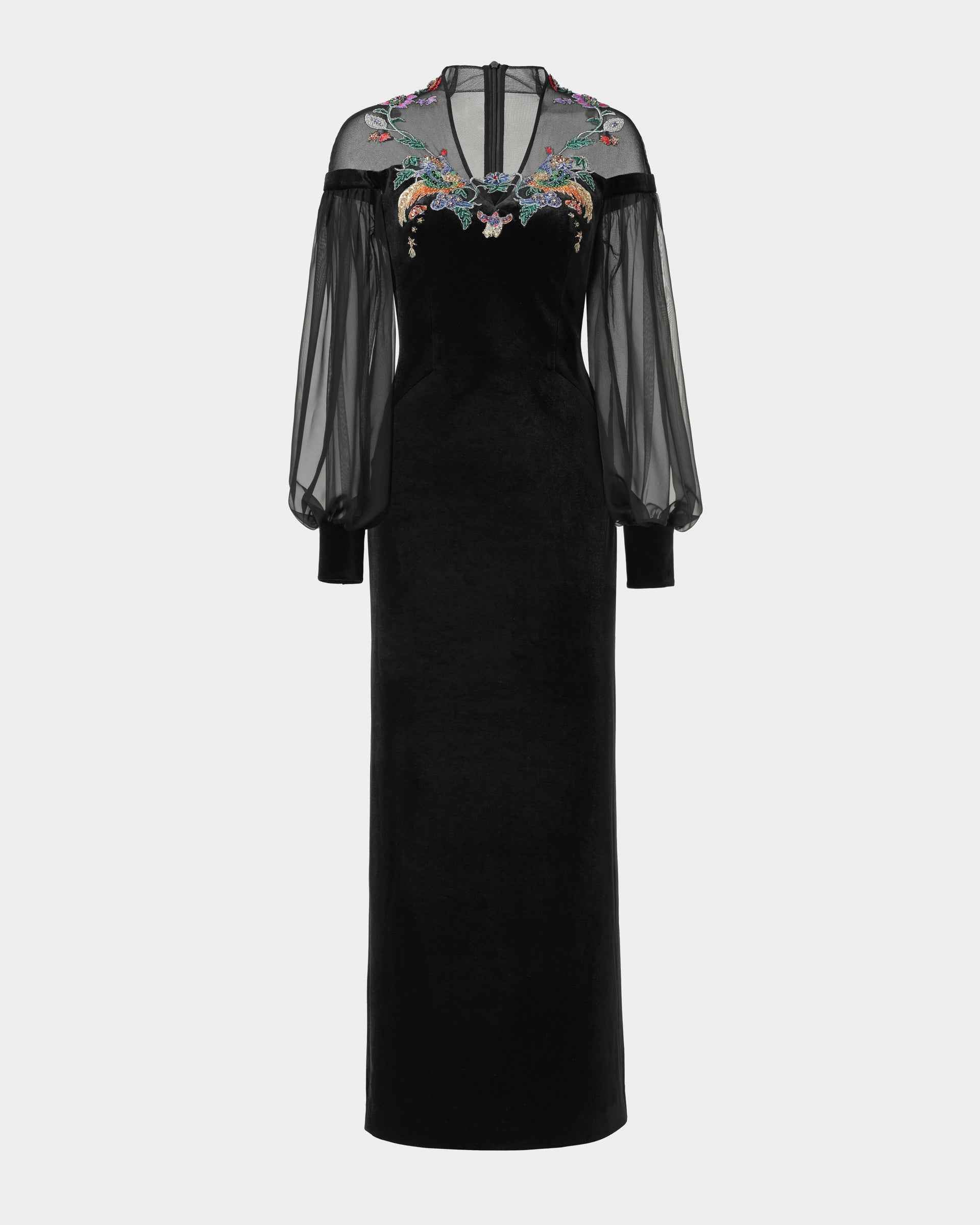 Phoenix Embroidered Sheath Gown with Lantern Sleeves
