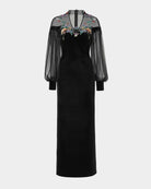 Phoenix Embroidered Sheath Gown with Lantern Sleeves