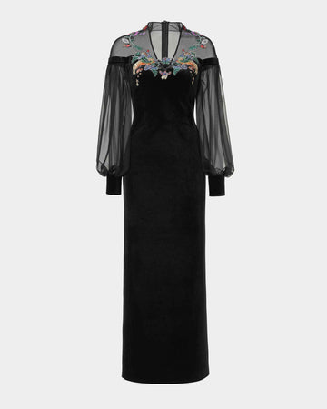Phoenix Embroidered Sheath Gown with Lantern Sleeves