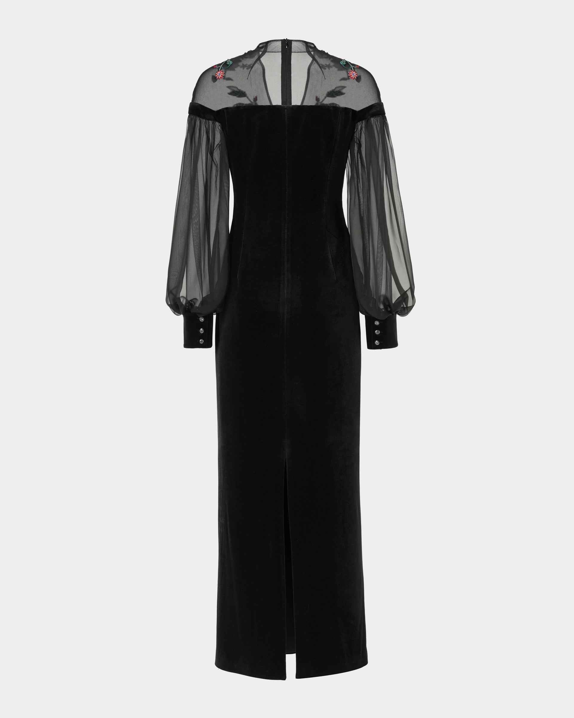 Phoenix Embroidered Sheath Gown with Lantern Sleeves