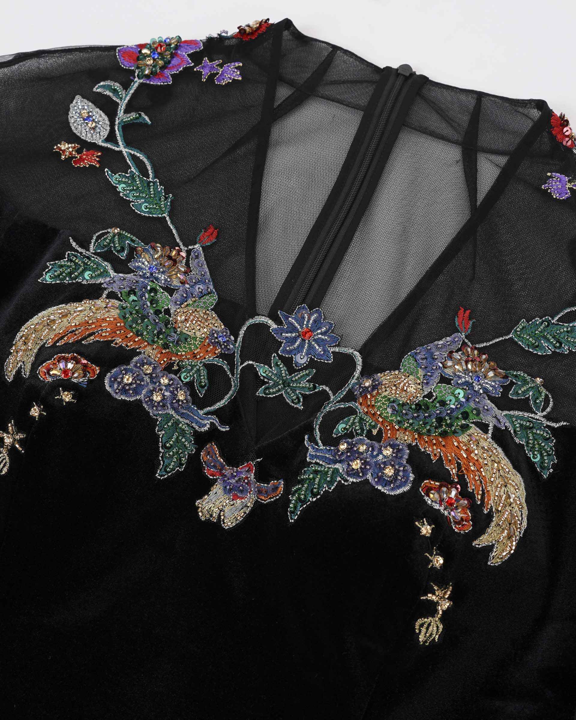 Phoenix Embroidered Sheath Gown with Lantern Sleeves