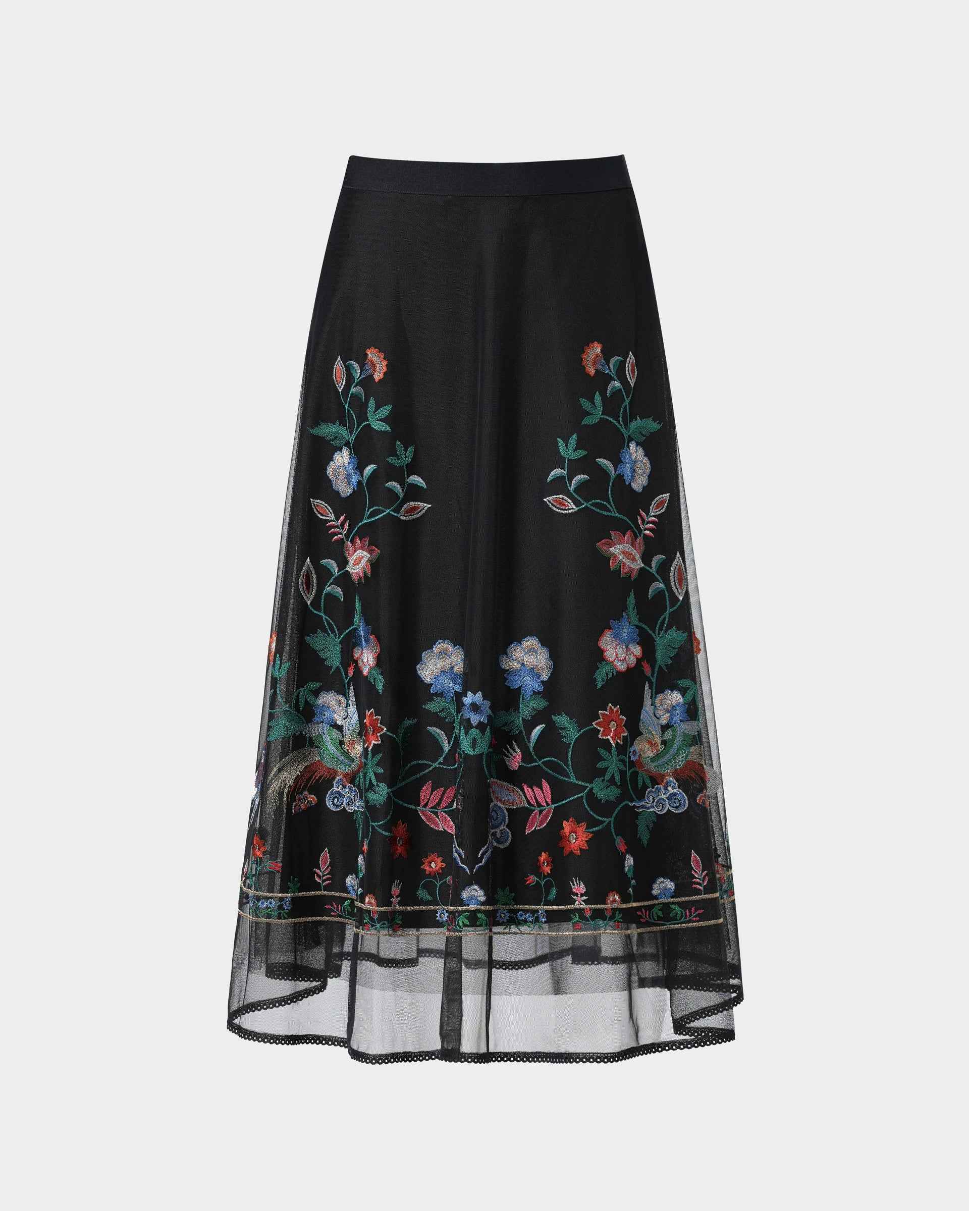 Phoenix Embroidered Midi Skirt with Lace Trim