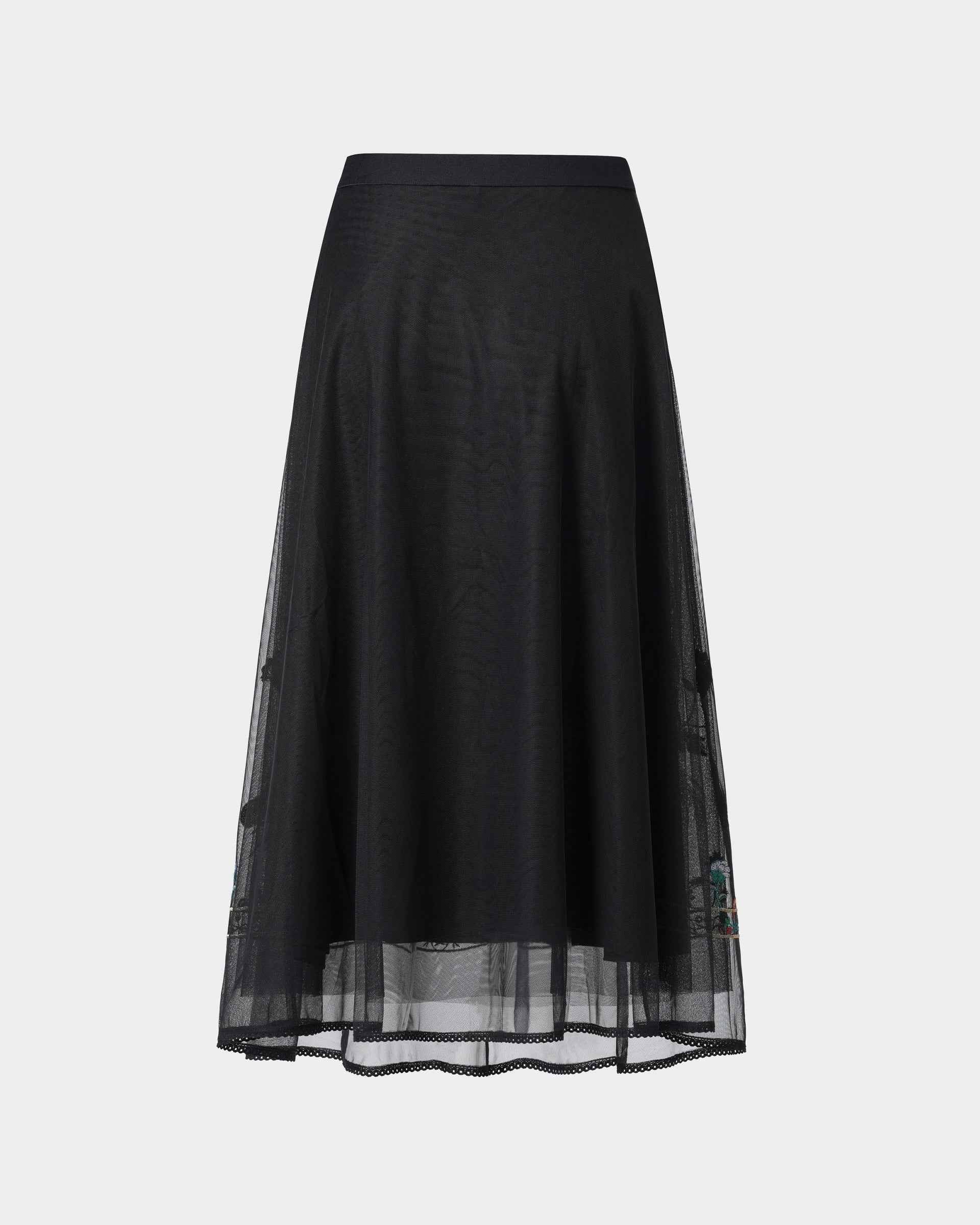 Phoenix Embroidered Midi Skirt with Lace Trim