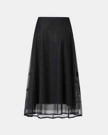 Phoenix Embroidered Midi Skirt with Lace Trim