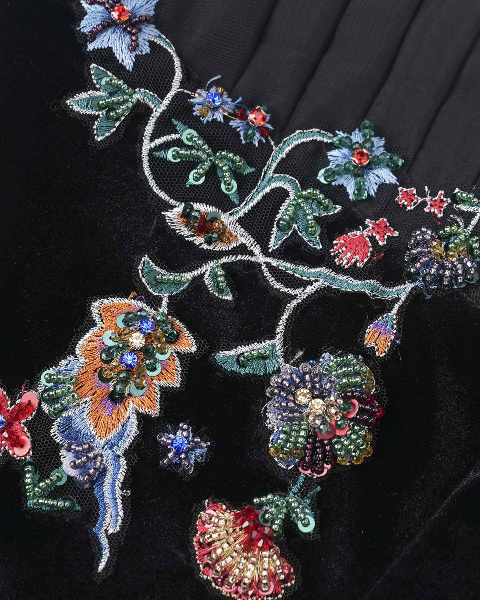 Phoenix Embroidered Gown with Pleated Shoulders