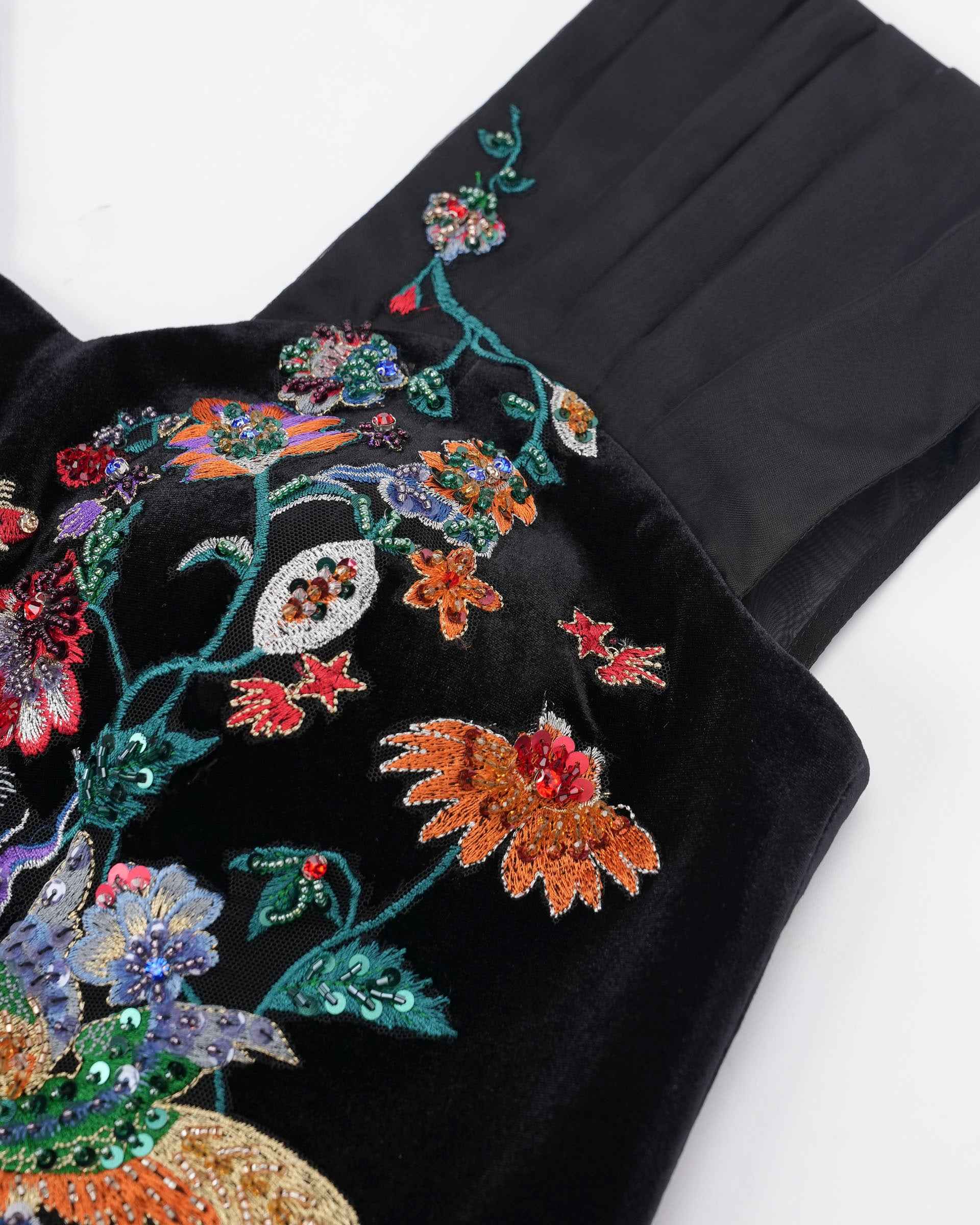 Phoenix Embroidered Gown with Pleated Shoulders