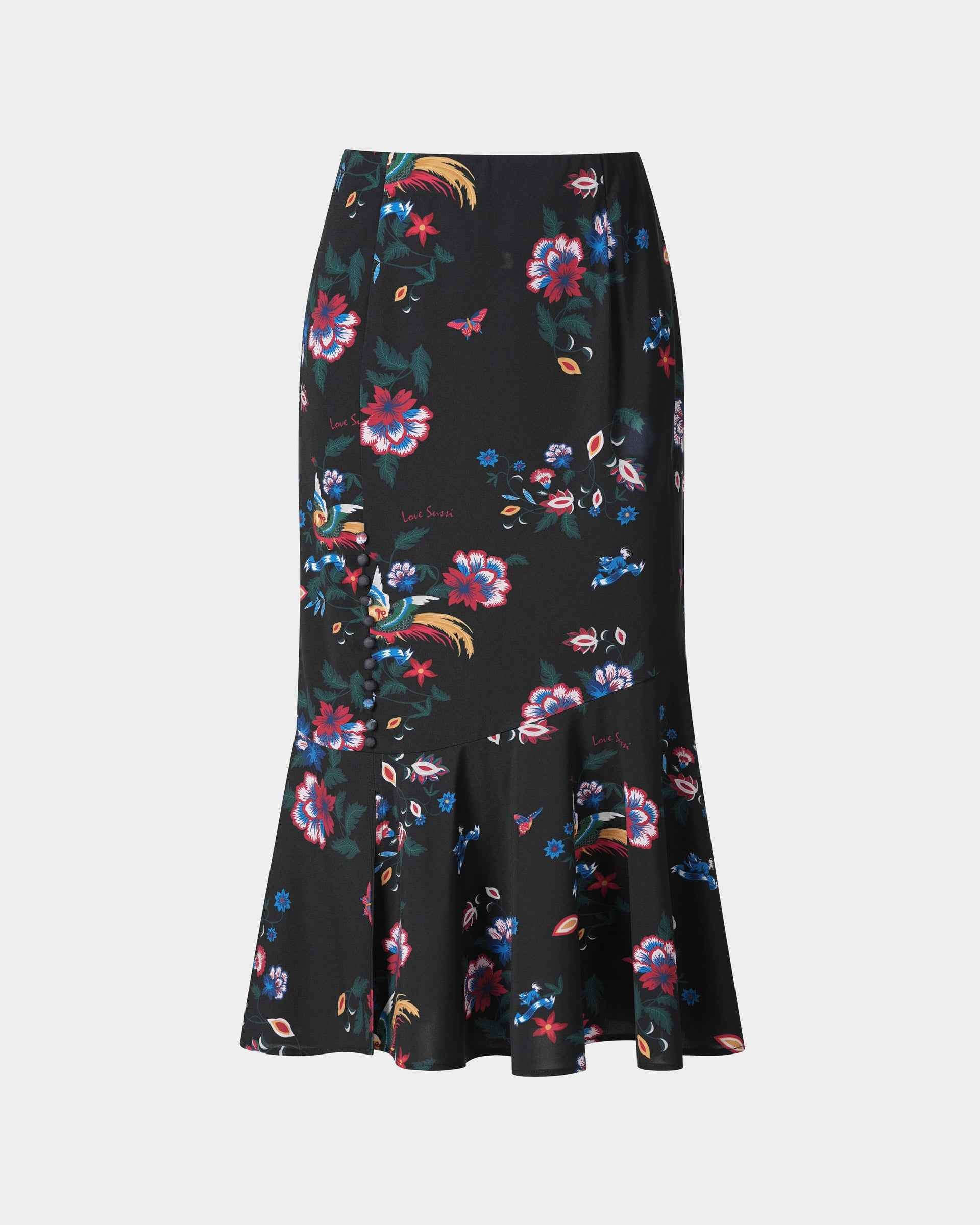 Phoenix Printed Midi Skirt with Flounce Hem