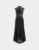 Peony Embroidered Midi Gown with Lace Accents