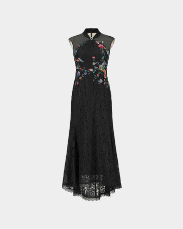 Peony Embroidered Midi Gown with Lace Accents