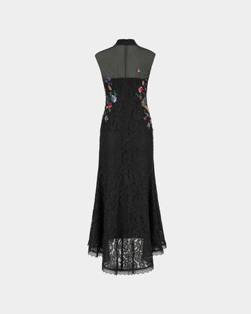 Peony Embroidered Midi Gown with Lace Accents