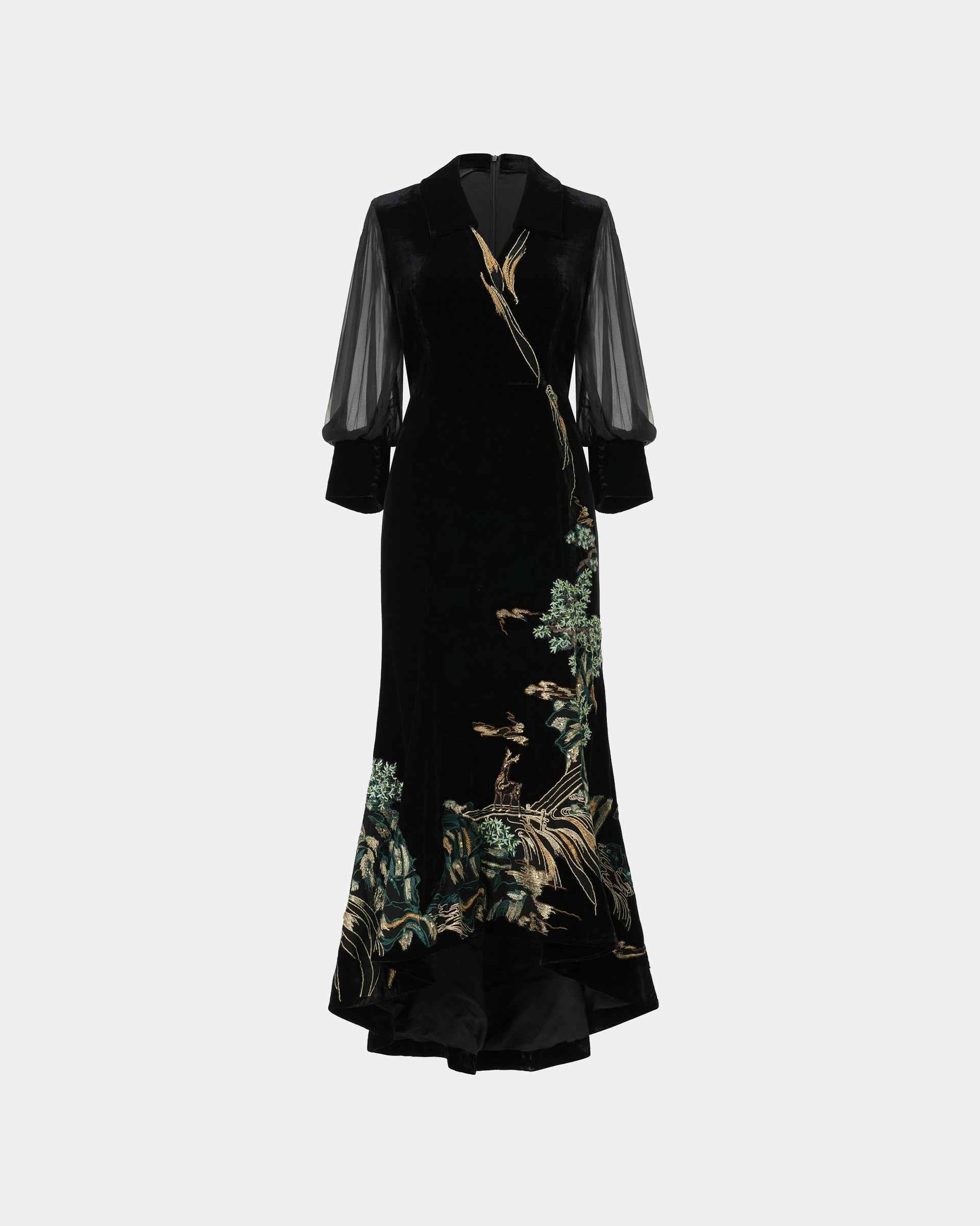 Black Riverscape Embroidered Gown