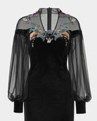 Phoenix Embroidered Sheath Gown with Lantern Sleeves