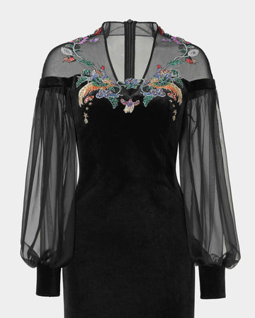 Phoenix Embroidered Sheath Gown with Lantern Sleeves