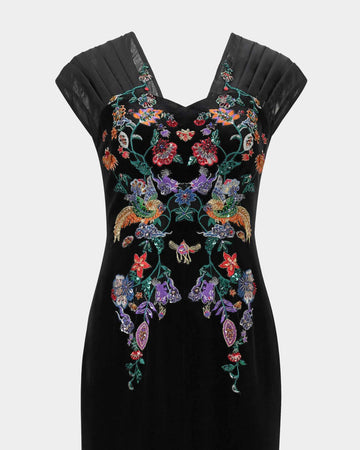 Phoenix Embroidered Gown with Pleated Shoulders