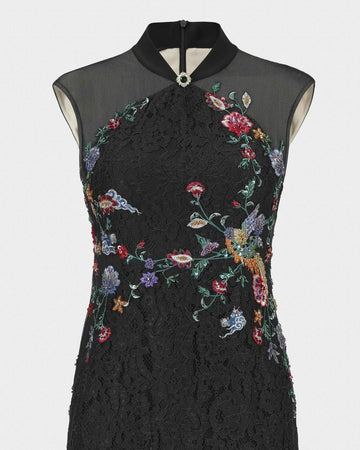 Peony Embroidered Midi Gown with Lace Accents
