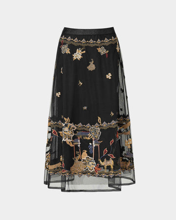 Embroidered Black Mesh Skirt