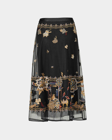 Embroidered Black Mesh Skirt
