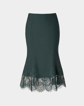 Lace-Trimmed Flared Wool Skirt