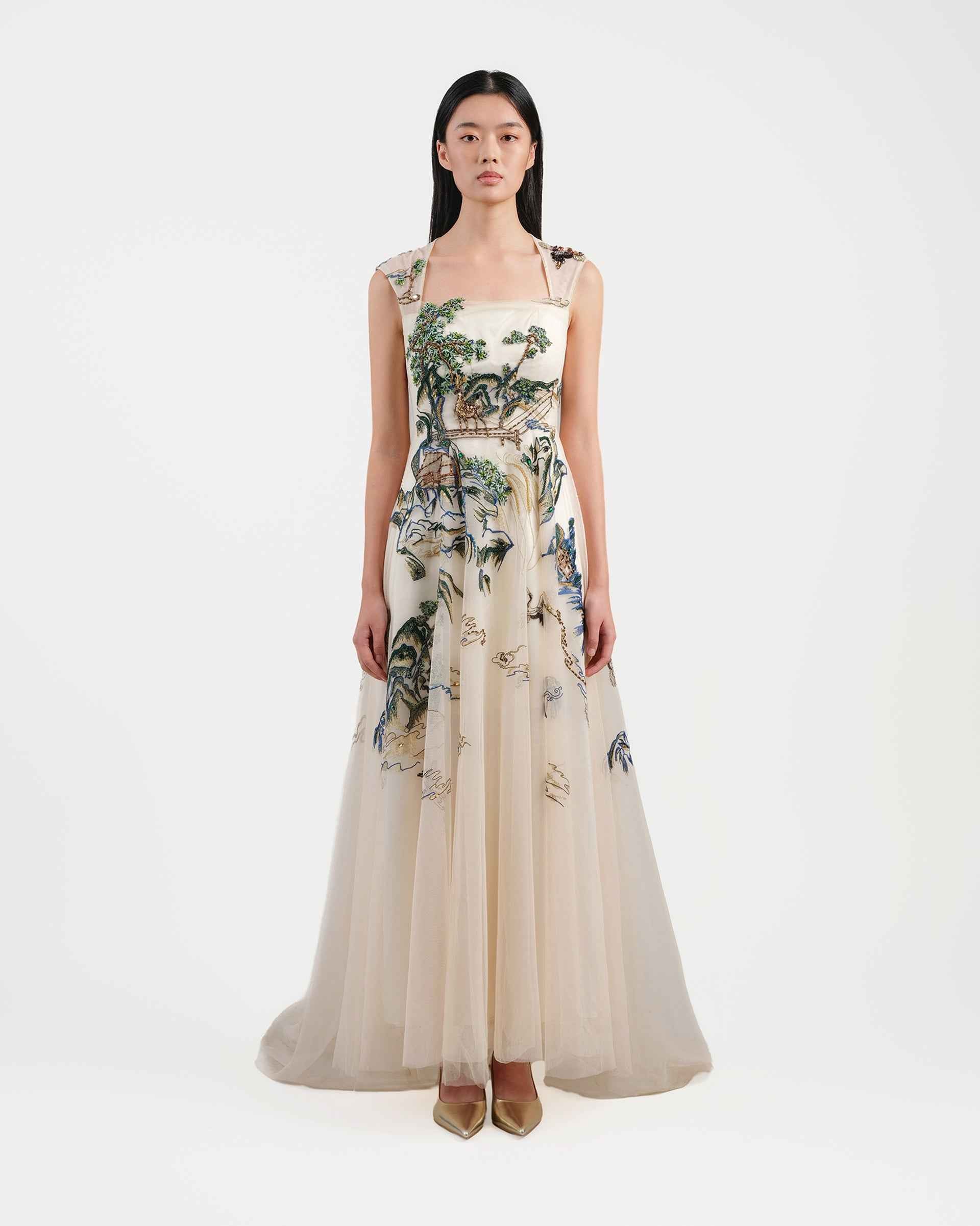 Riverscape High-Low Gown with Embroidery