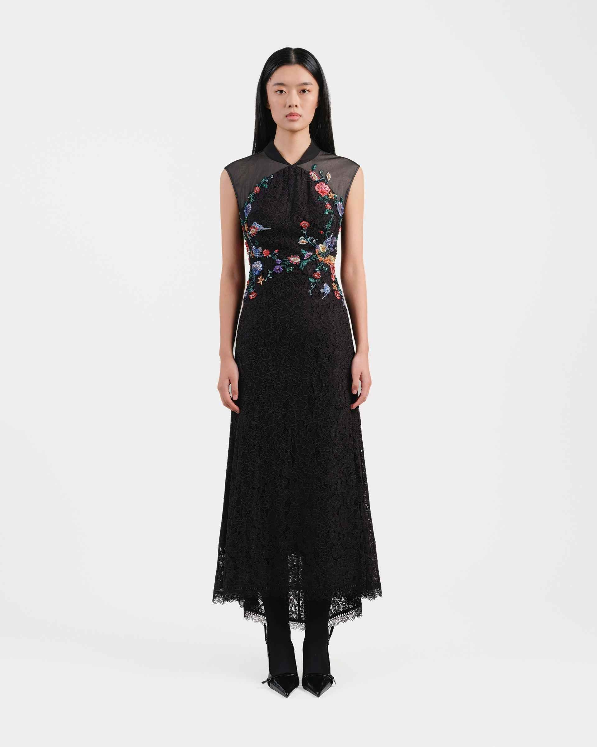 Peony Embroidered Midi Gown with Lace Accents