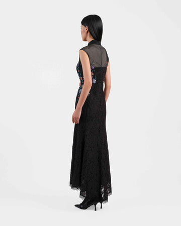 Peony Embroidered Midi Gown with Lace Accents