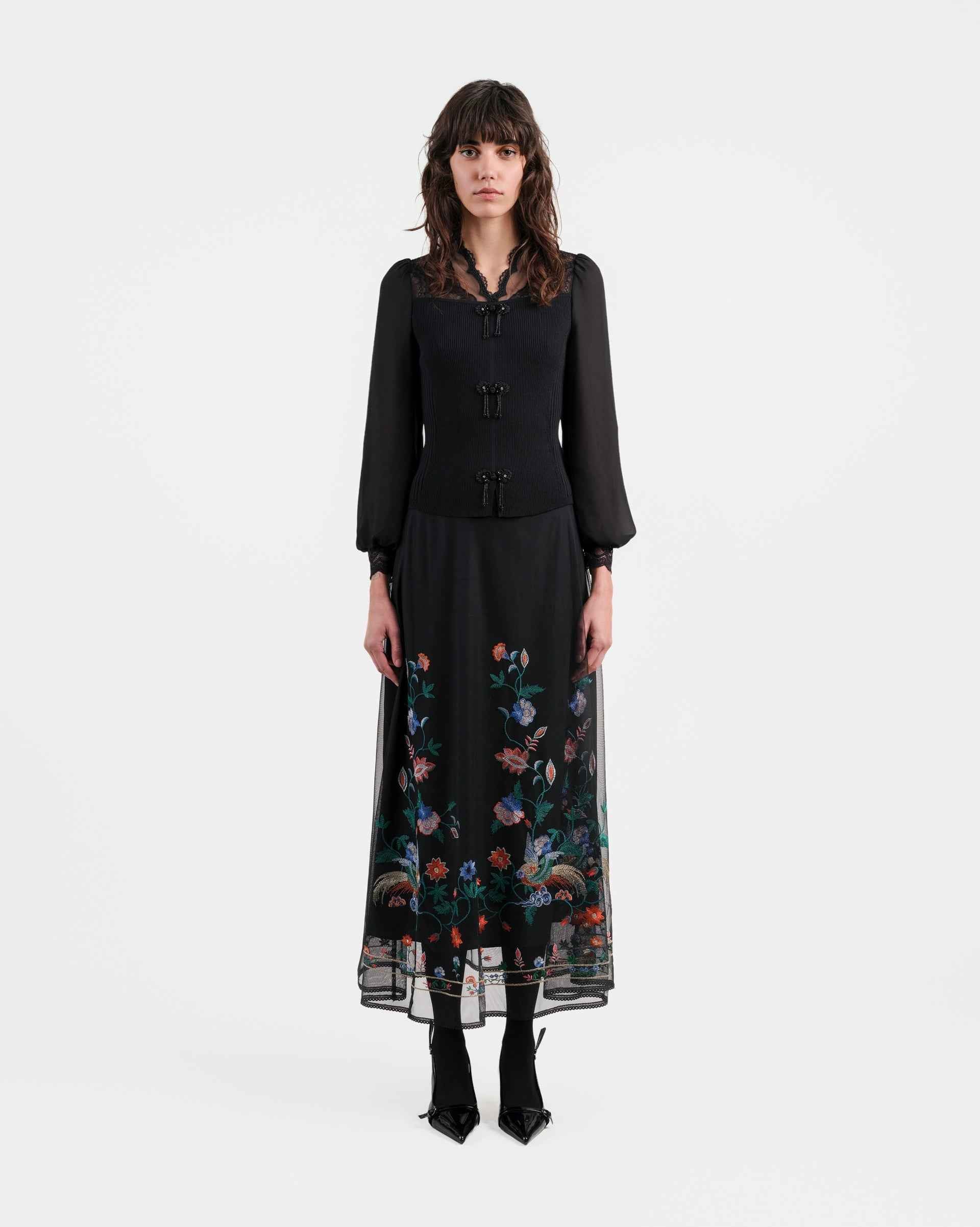 Phoenix Embroidered Midi Skirt with Lace Trim