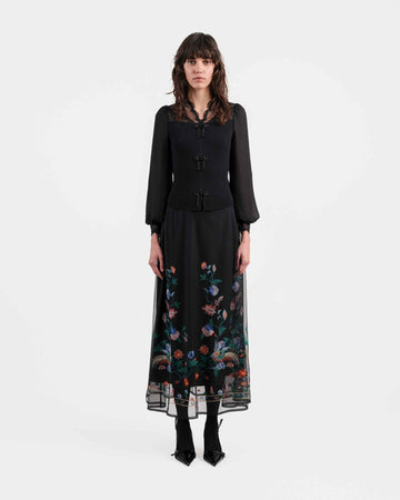 Phoenix Embroidered Midi Skirt with Lace Trim