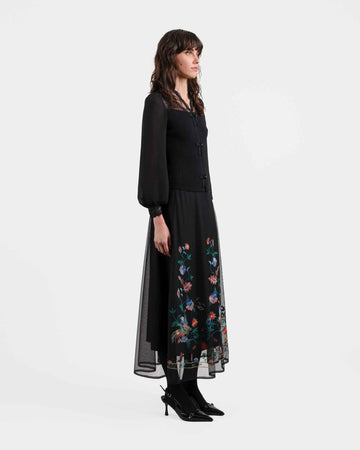 Phoenix Embroidered Midi Skirt with Lace Trim