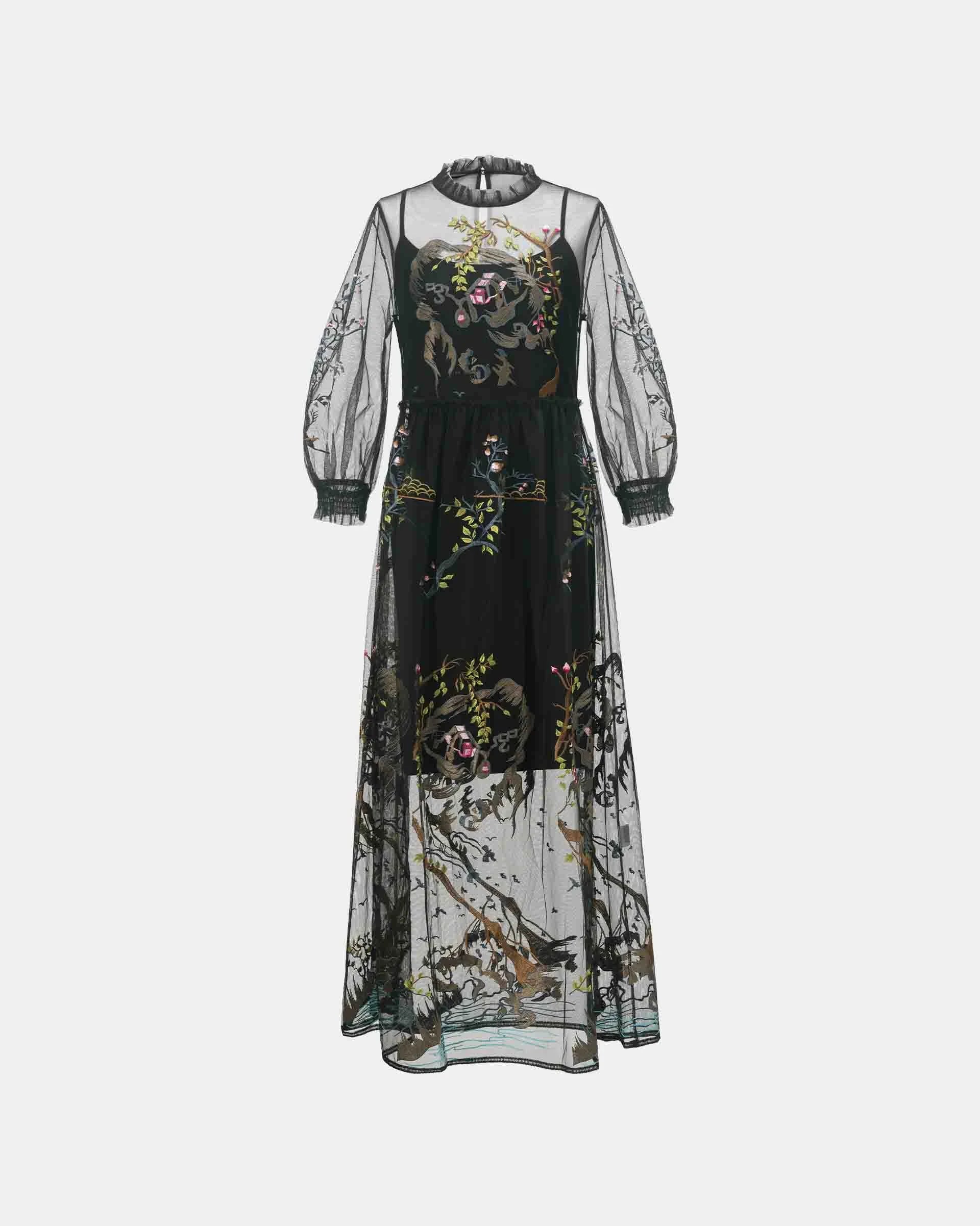 Bird-and-Flower Sheer Overlay Dress