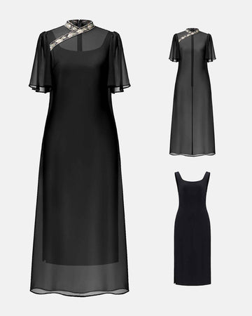 Chinese-Inspired Embroidered Cinched-Waist Shift Dress
