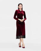 Velvet Lace-Trim Midi Dress