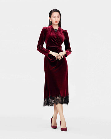 Velvet Lace-Trim Midi Dress