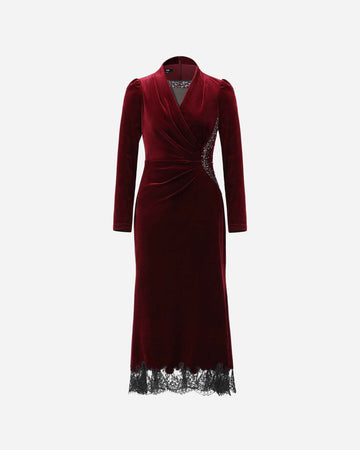 Velvet Lace-Trim Midi Dress