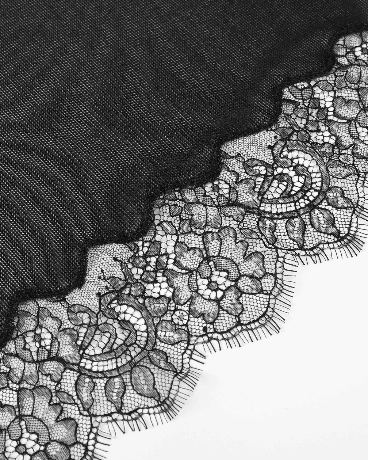 Floral openwork finishes the dark fabric in a scalloped lace border.